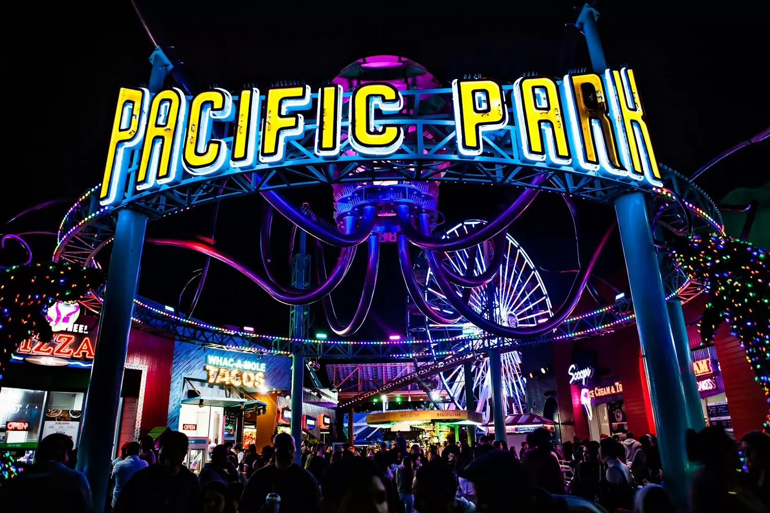 Pacific Park on Santa Monica Pier at night Bright rides at Pacific Park on Santa Monica Pier, California