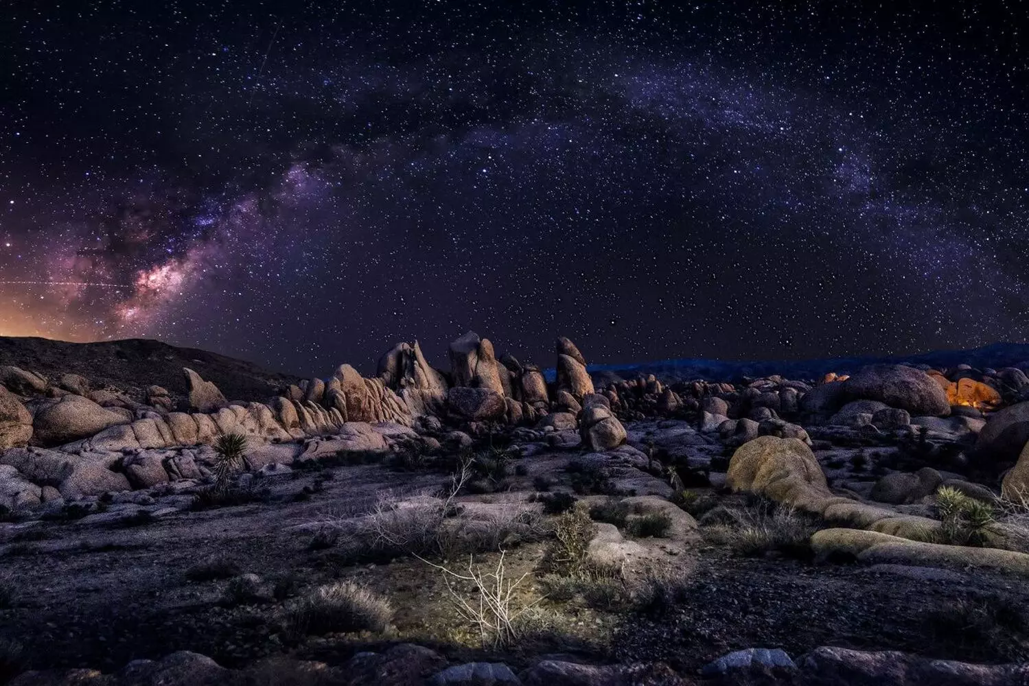 Cosmic Wonder: Milky Way Over Joshua Tree National Park Stunning night sky photography capturing the Milky Way galaxy arching above Joshua Tree's iconic rock formations and silhouetted Joshua trees under a canopy of stars