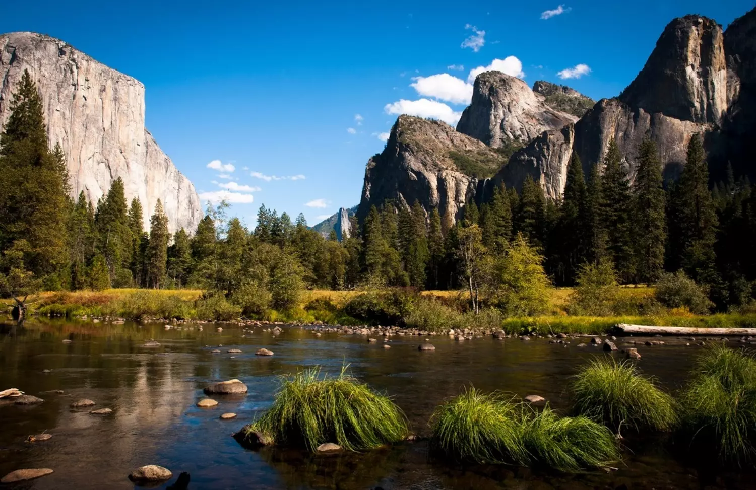 Yosemite's Untamed Beauty: A Landscape Carved by Giants Panoramic view of Yosemite National Park showcasing iconic granite cliffs, lush valleys, and cascading waterfalls under a bright blue sky