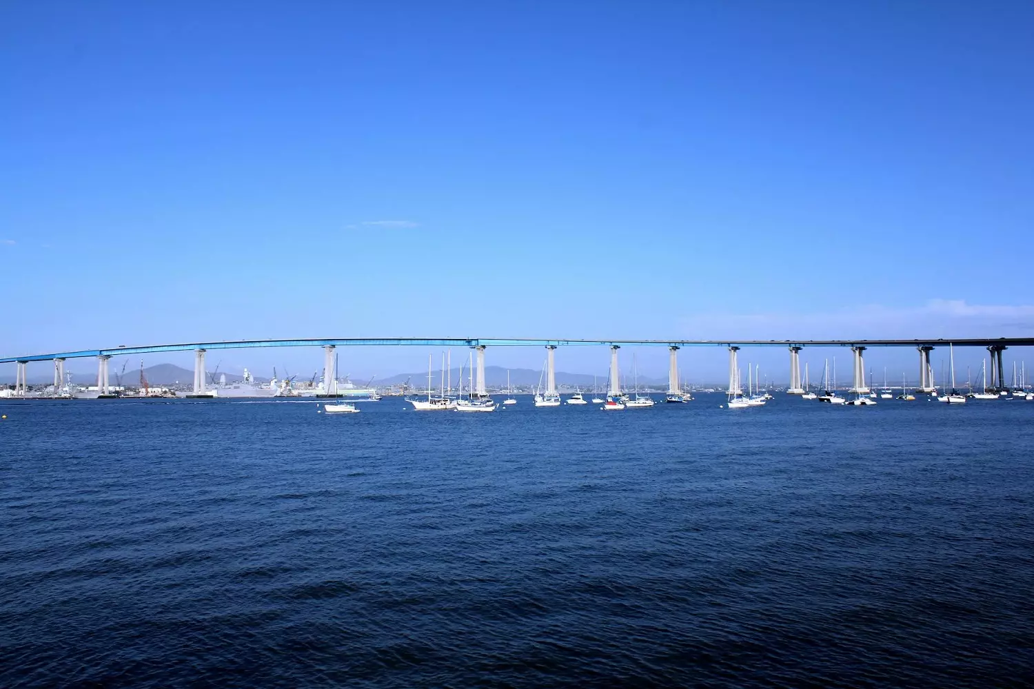 Coronado Bridge — San Diego's architectural gem Panorama of the Coronado Bridge with blue sky and bay