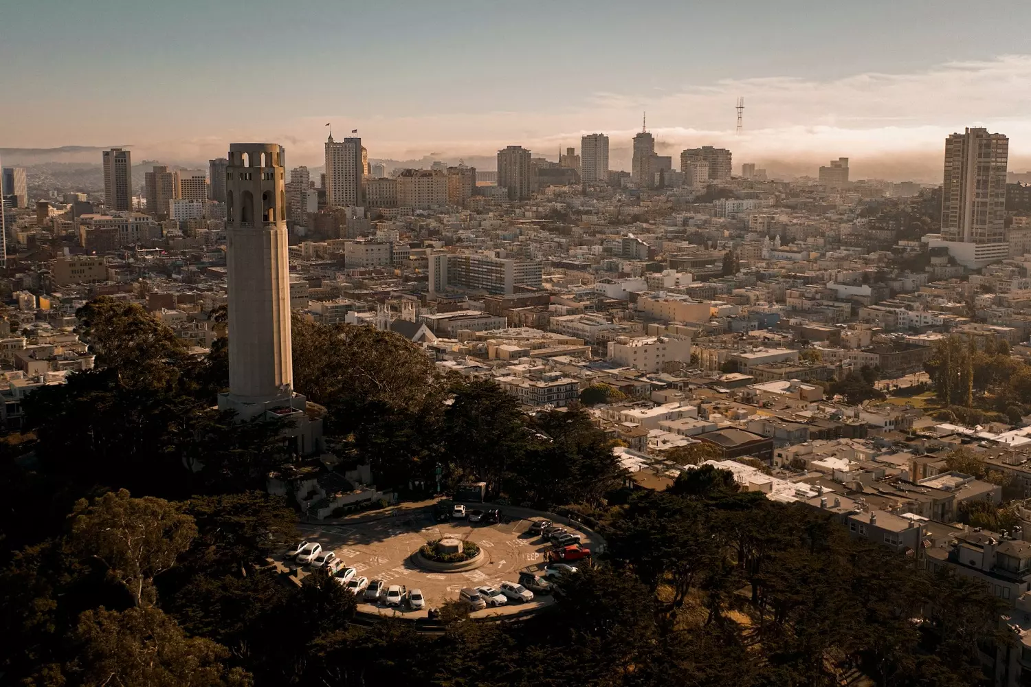 Coit Tower in San Francisco and a view of the city Coit Tower in San Francisco and a view of the city from above