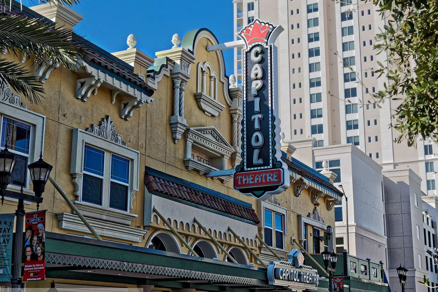 Historic Capitol Theatre in Clearwater — A Cultural Landmark Elegant facade of the historic Capitol Theatre in downtown Clearwater, Florida, with vintage marquee and art deco architectural details