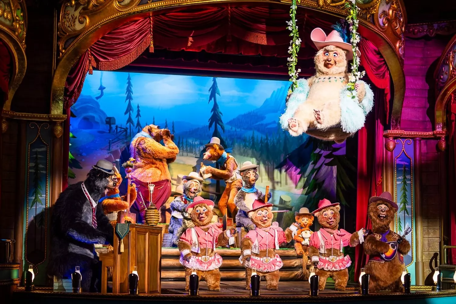 Magical Disney Live Show: A Spectacular Performance at Magic Kingdom Orlando Colorful theatrical performance on stage at Magic Kingdom featuring beloved Disney characters in elaborate costumes, with dazzling special effects and an enthusiastic audience in the outdoor theater