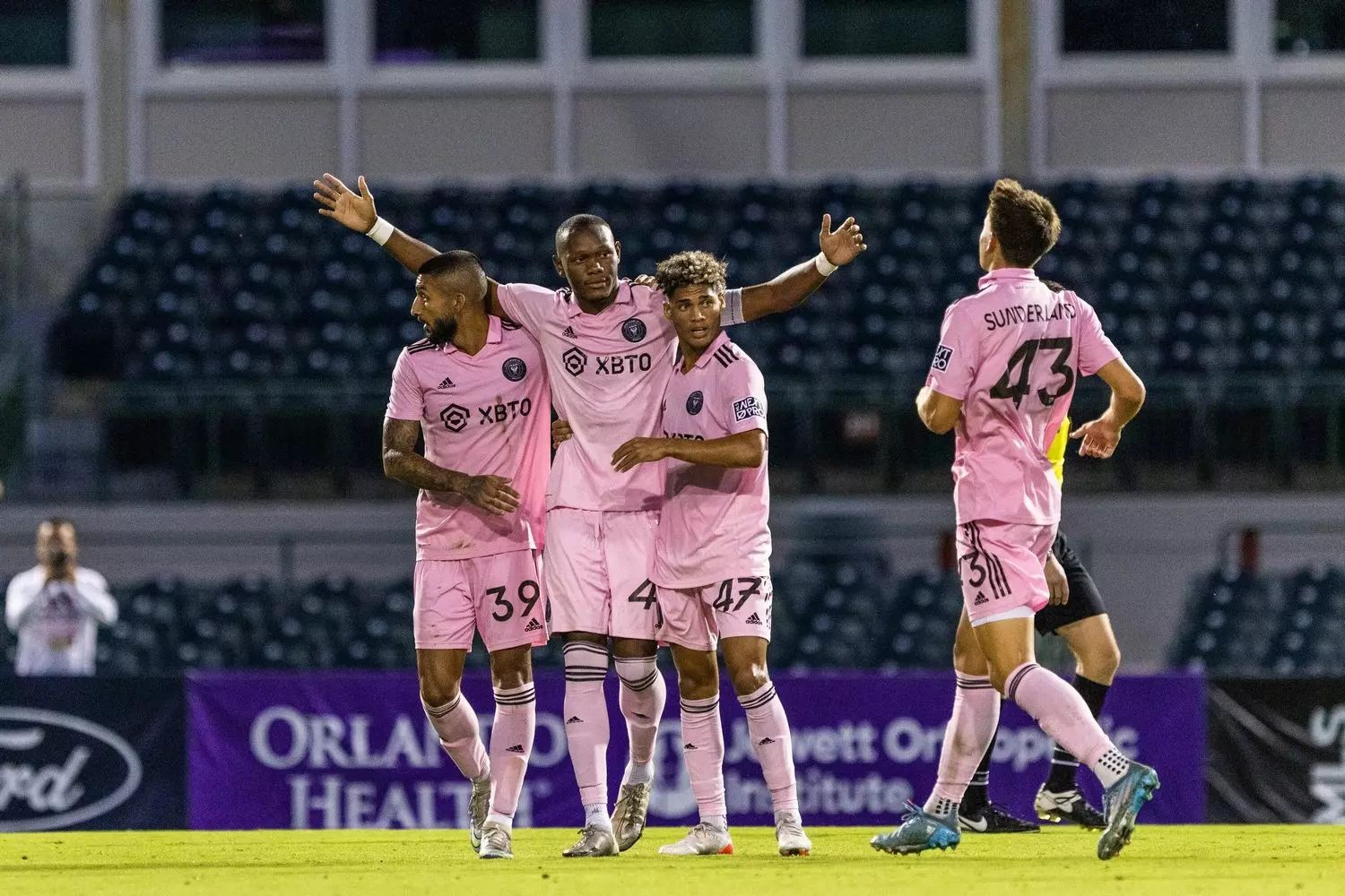 Goal celebration by Inter Miami players Celebration after a goal scored by Inter Miami at the stadium