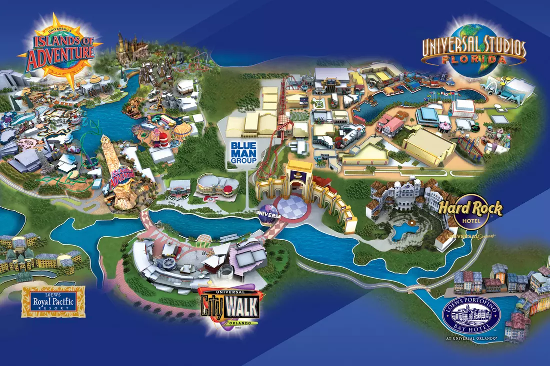 Universal Orlando Resort Park Map — Explore Universal Studios, Islands of Adventure & CityWalk Map of Universal Orlando Resort showing Universal Studios Florida, Islands of Adventure, and CityWalk entertainment district