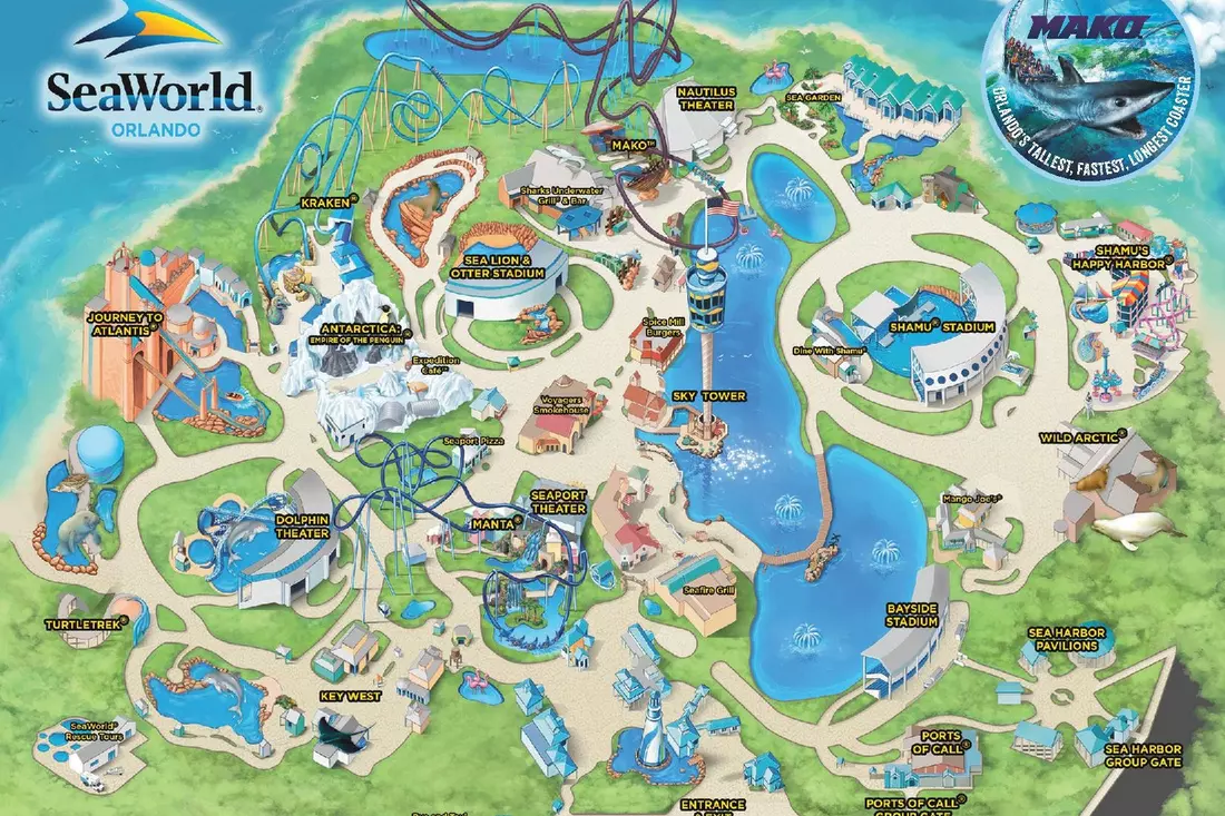 Explore SeaWorld Orlando: Full park map with rides and animal exhibits SeaWorld Orlando park map showing attractions, shows, and zones