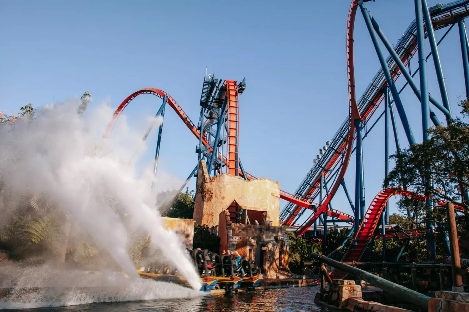 Busch Gardens Tampa Bay — Thrilling Rides & Wild Animal Encounters A vibrant aerial view of Busch Gardens Tampa Bay showcasing roller coasters, lush greenery, and animal exhibits under a bright blue sky