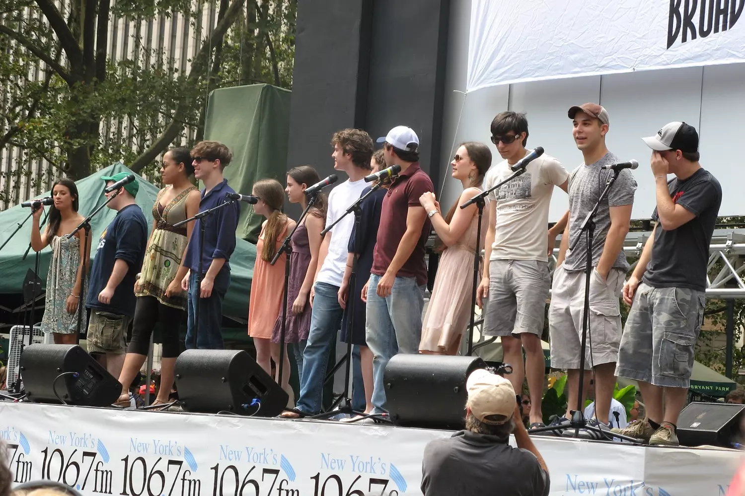 The stage in Bryant Park with Broadway performers The Broadway in Bryant Park stage during a summer performance