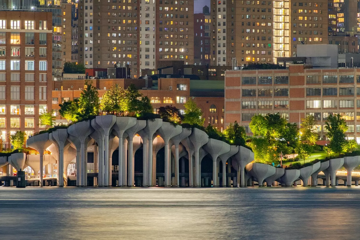 View of Little Island in Hudson River Park Little Island floating park on the Hudson River