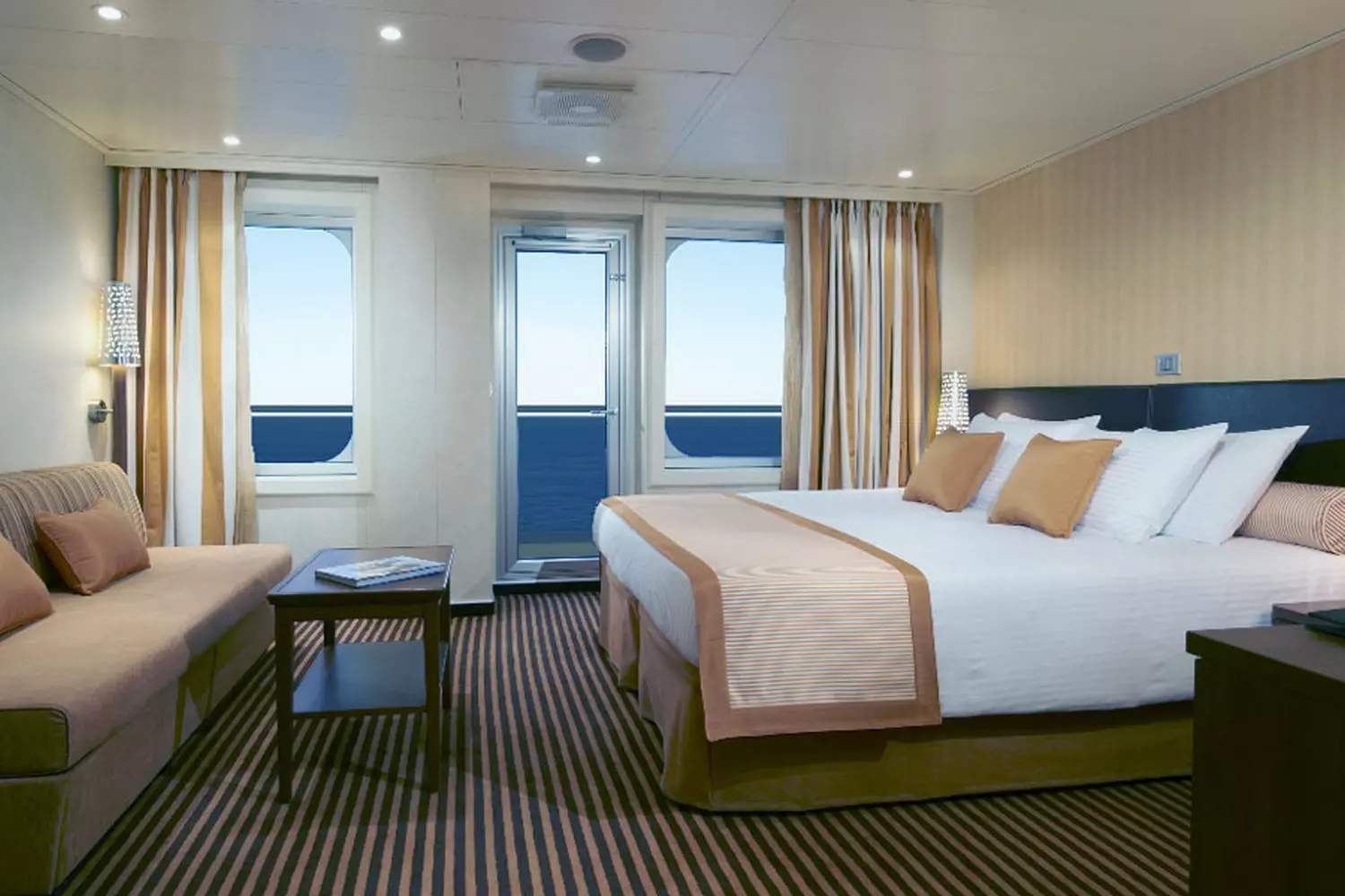 Cozy Cabin on Carnival Breeze Cruise Ship — Comfort at Sea Photo of a stylish cabin aboard the Carnival Breeze cruise ship, featuring a comfortable bed, modern decor, and a scenic ocean view from the window