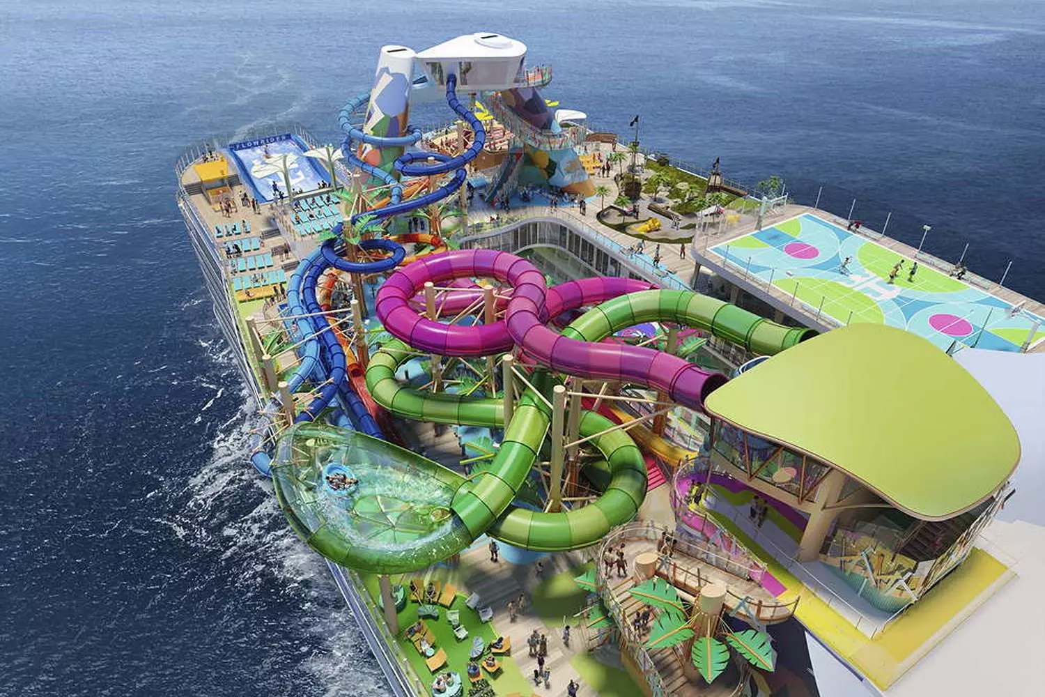 Bird's-Eye View: Icon of the Seas' Stunning Design Revealed From Above Aerial view of Icon of the Seas, the world's largest cruise ship, showcasing its massive decks, pools, and innovative AquaDome structure from above