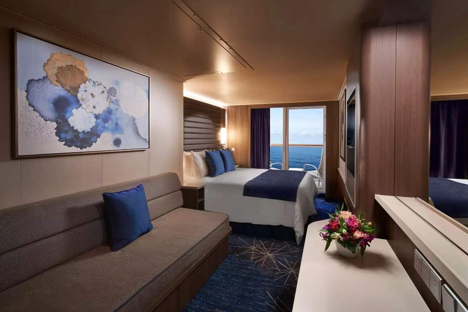 Norwegian Encore Cabin — Luxurious Stateroom with Scenic Views Stylish and modern cabin on Norwegian Encore cruise ship with comfortable bedding and ocean view