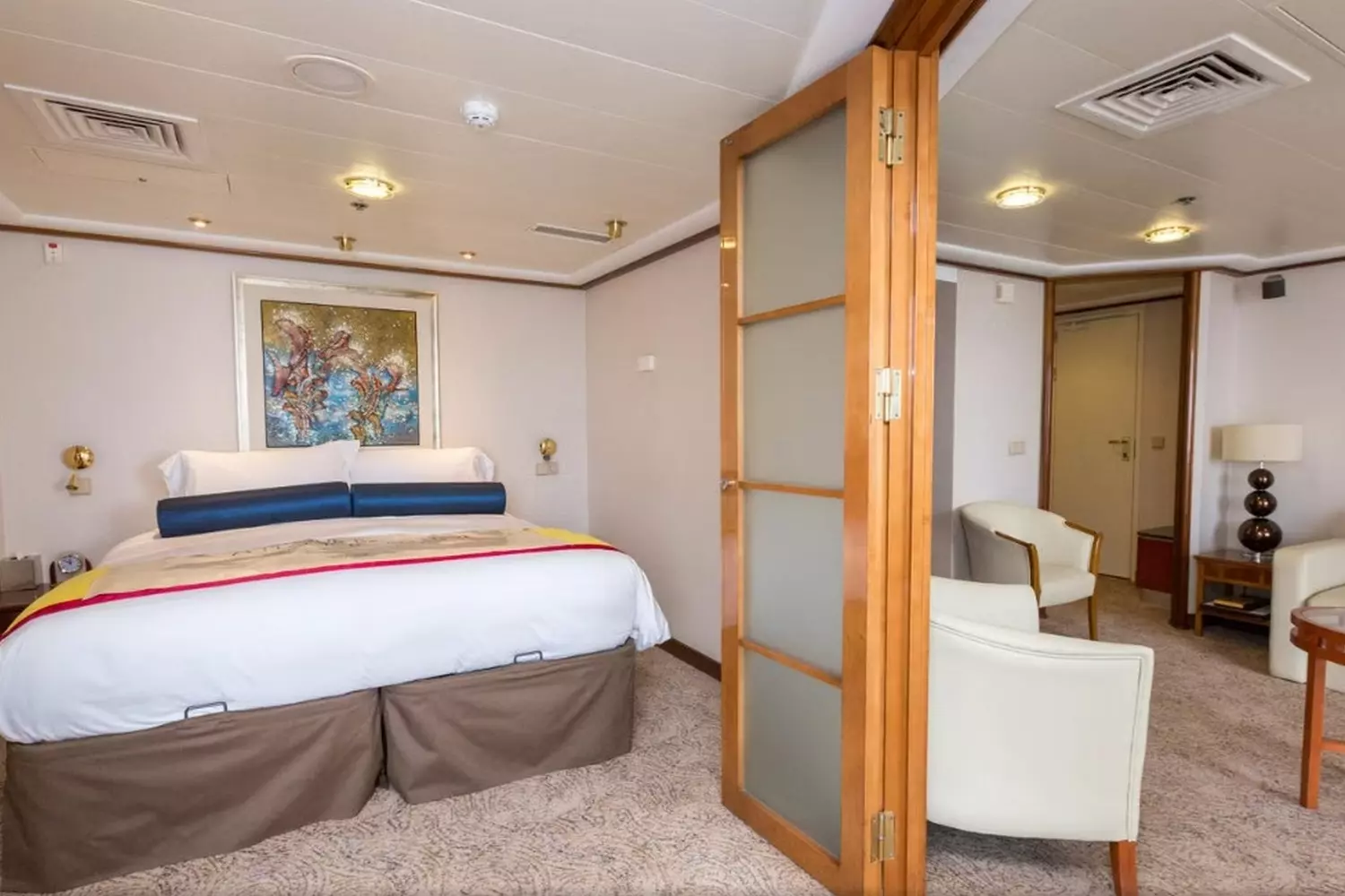 Norwegian Sun Stateroom — Your Comfortable Retreat at Sea Spacious and modern cabin aboard Norwegian Sun cruise ship with comfortable bedding, elegant decor, and ocean view through the window