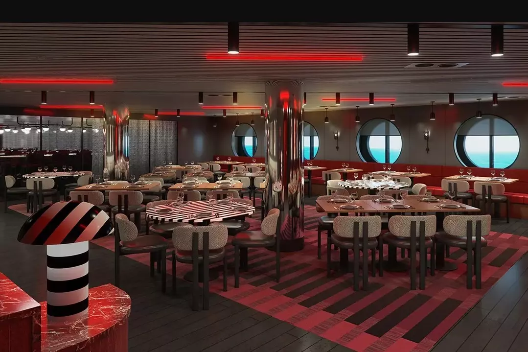 Scarlet Lady's Gourmet Restaurant — A Culinary Journey at Sea Elegant onboard restaurant aboard Scarlet Lady cruise ship featuring modern decor, intimate lighting, and gourmet dining experience with ocean views