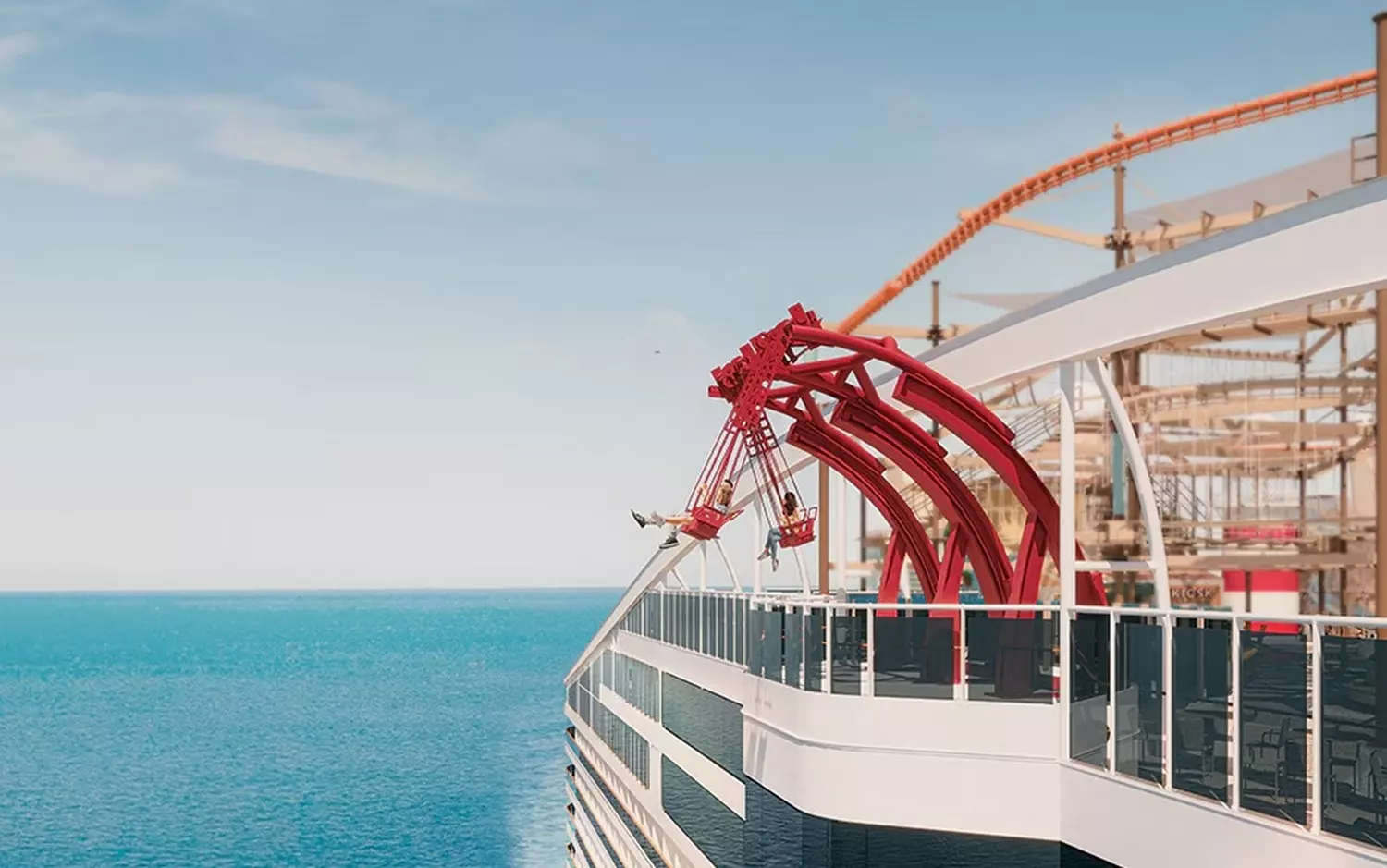 Dare to Swing: Ocean-View Thrill Ride on MSC World America Thrilling ocean-view swing attraction on MSC World America cruise ship suspended over the sea with panoramic views