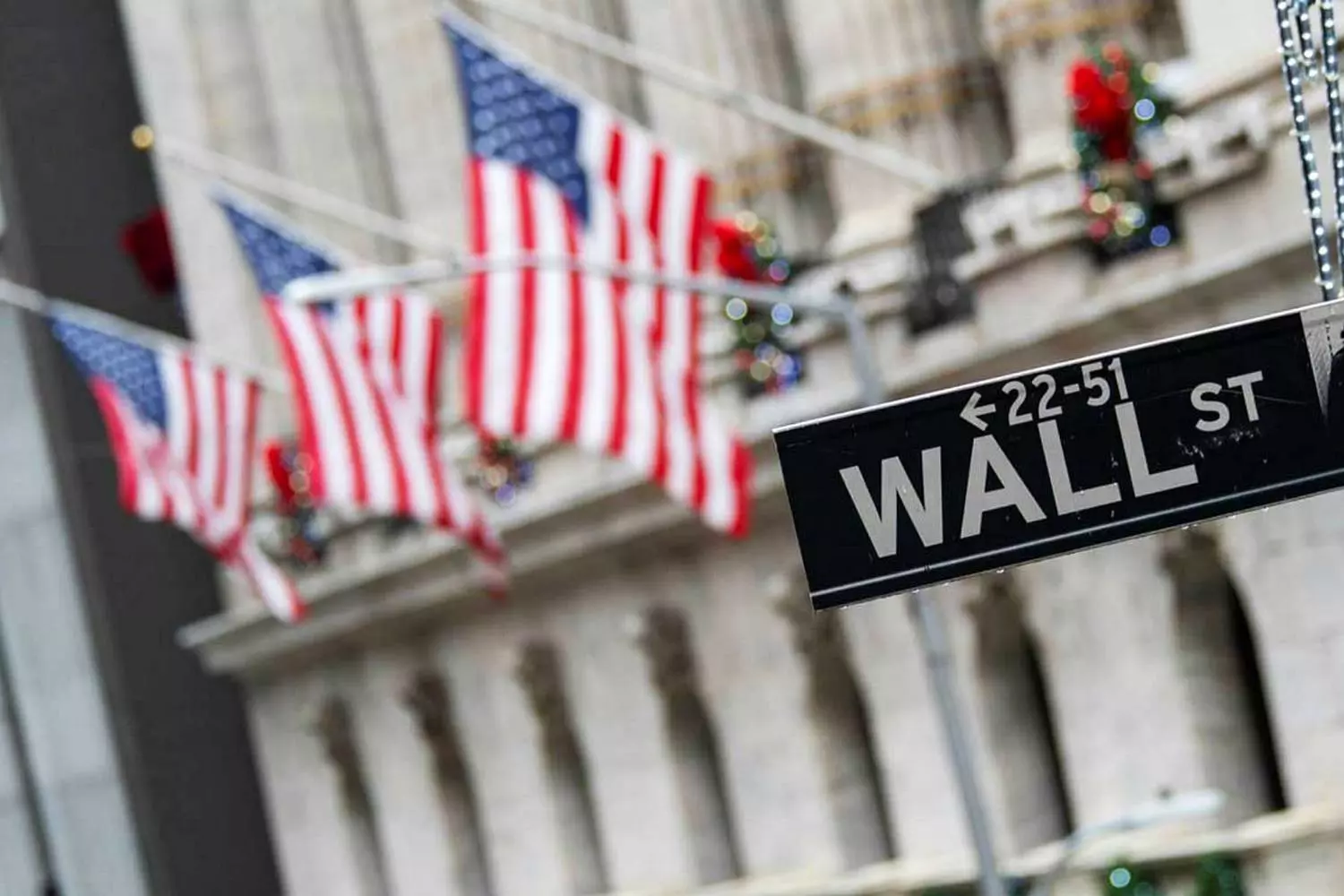 Wall Street: The Center of American Finance Wall Street Sign with American Flags