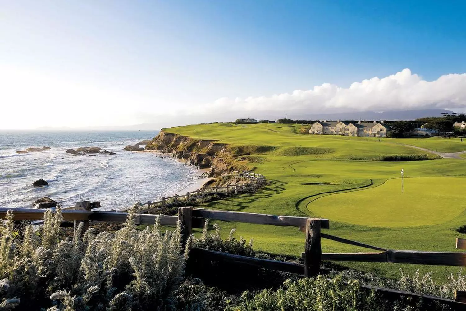 Half Moon Bay — a peaceful coastal gem near Silicon Valley Scenic view of Half Moon Bay with cliffs, ocean waves, and a sandy beach on the California coast