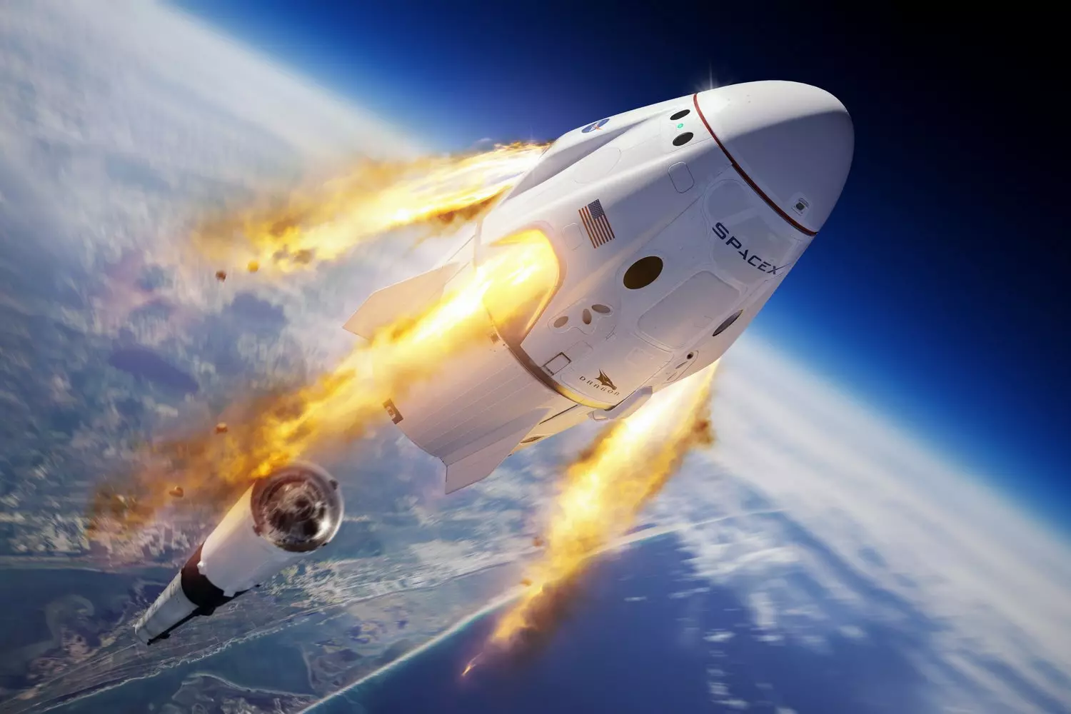 Капсула Crew Dragon в открытом космосе с видом на планету Космический корабль Dragon SpaceX на орбите Земли на фоне космоса