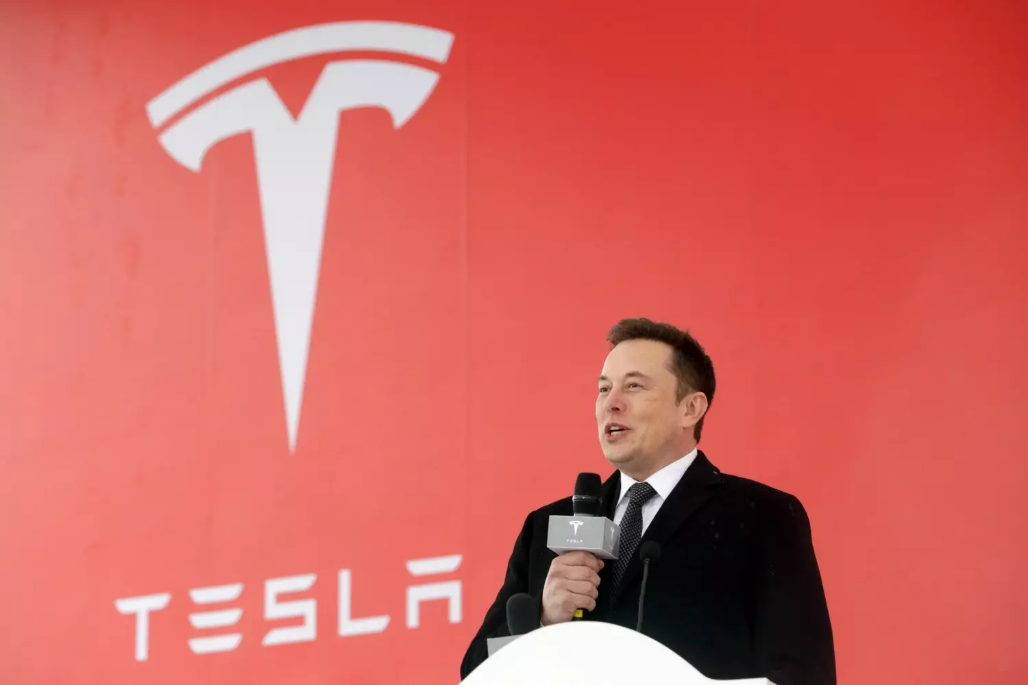 Elon Musk and the Tesla Logo — The Founder of the Company on an Official Background Elon Musk in front of the Tesla logo