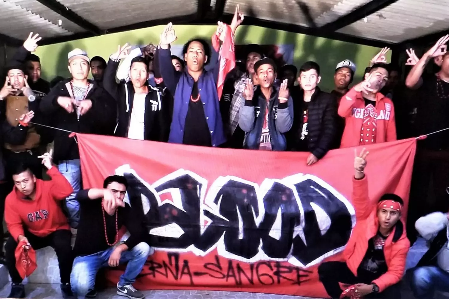 Red Zone: Bloods Gang Members Assert Their Presence in American Cities Members of the Bloods street gang gather together, displaying their distinctive hand signs and wearing red bandanas — their signature symbol