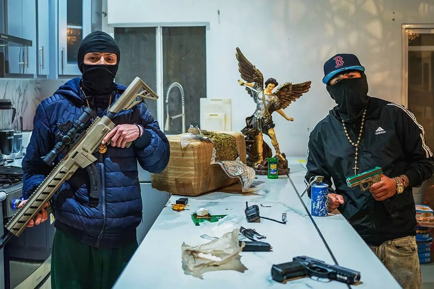 Kings of the Streets: The Unwritten Rules of the American Underground Members of a street gang in the USA stand together, flashing hand signs and wearing their gang’s colors