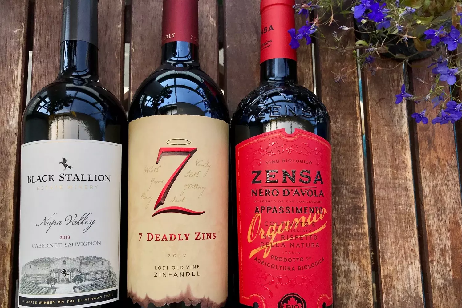California Gold: A Trio of Iconic West Coast Wines Three elegant bottles of California wine - a bold Cabernet Sauvignon, buttery Chardonnay and fruity Zinfandel — beautifully arranged on a wooden table with vineyard scenery in the background