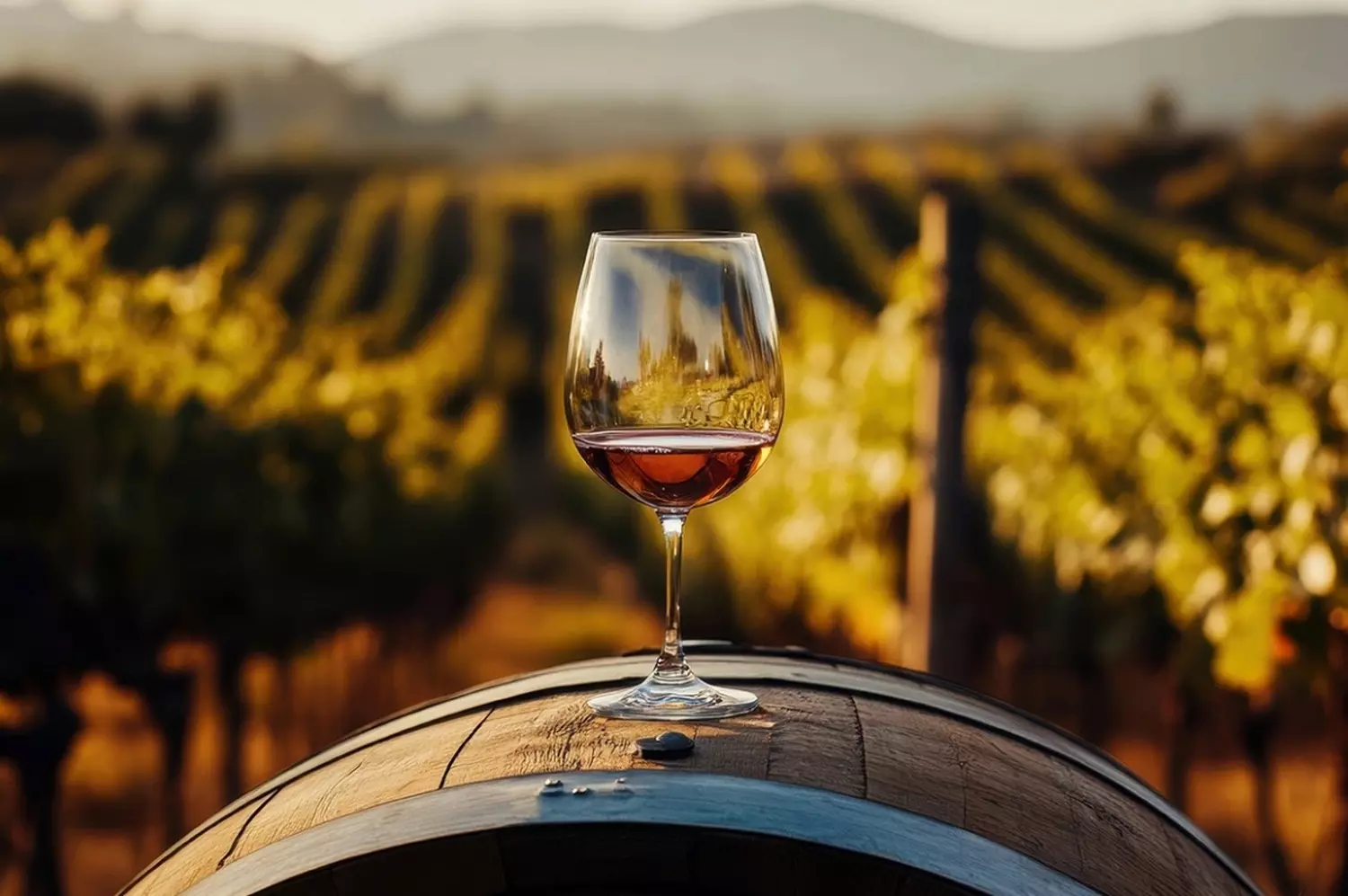 Love in Every Sip: Romantic Vineyard Moment Two wine glasses touching romantically amidst sunset-lit vineyards, with rolling hills in the distance