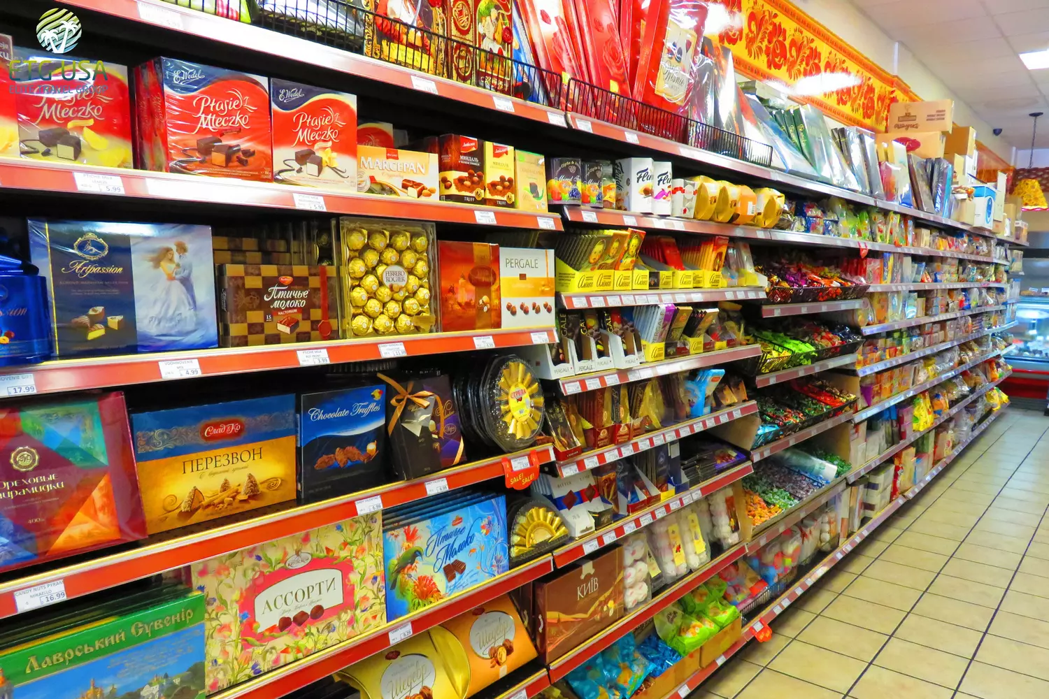 Russian shops in Miami: a huge selection of sweets and food Shelves of a store with Russian sweets and products in Miami