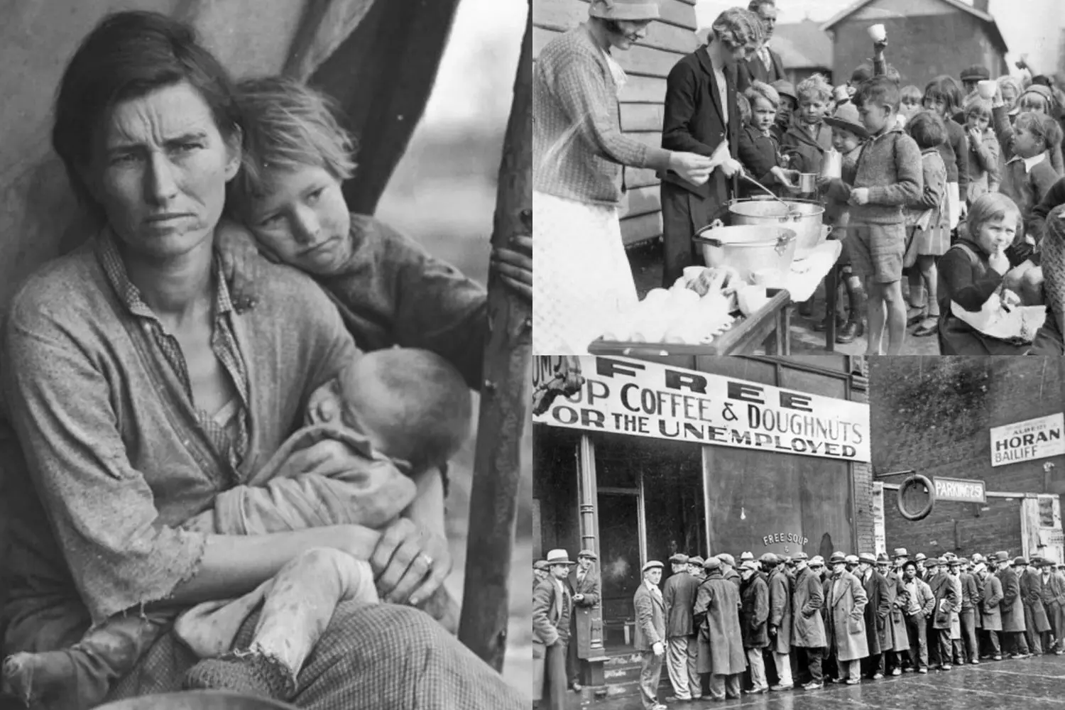 Charity During Crisis: Food Handouts for the Unemployed (1930s) Free coffee and doughnuts for the unemployed during the Great Depression in the US