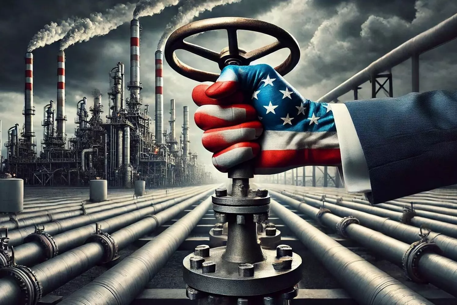 Patriotic Protest: American Flag Hand Shutting Off the Oil Tap A hand painted like the US flag gripping and turning off an oil pipeline valve, symbolizing grassroots resistance to fossil fuel dependence
