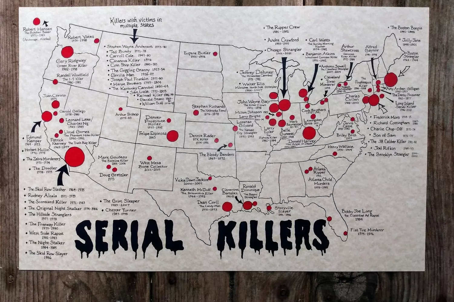 A vintage-style map indicating the locations of serial killers' crimes and the number of victims Dark Geography: States with the Highest Number of Serial Killers in U.S. History