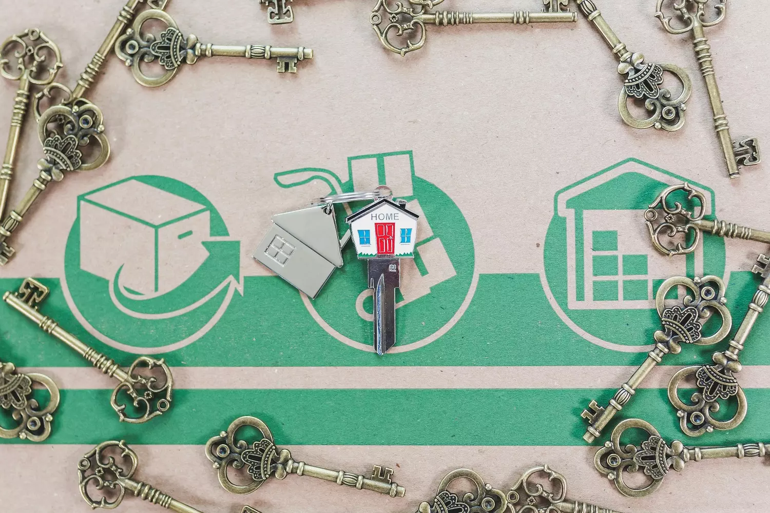 Apartment key — real estate purchase Keys against the background of an illustration depicting the process of buying real estate