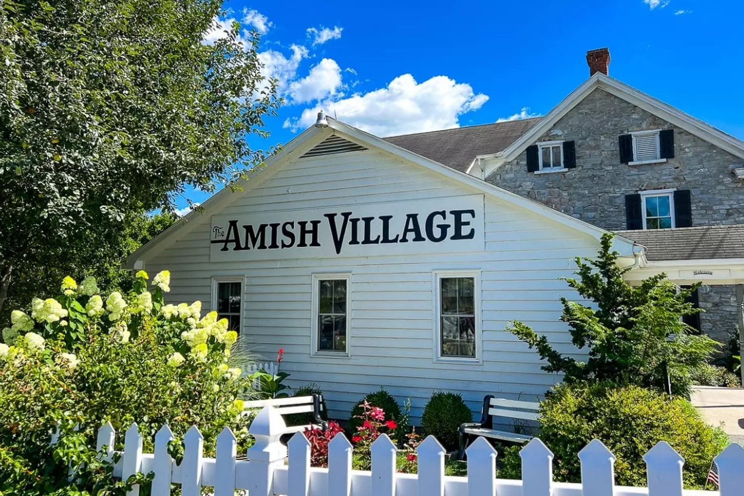 Peaceful Amish village with barns, fields, and classic buggies Scenic view of a traditional Amish village with horse-drawn buggies and farmhouses