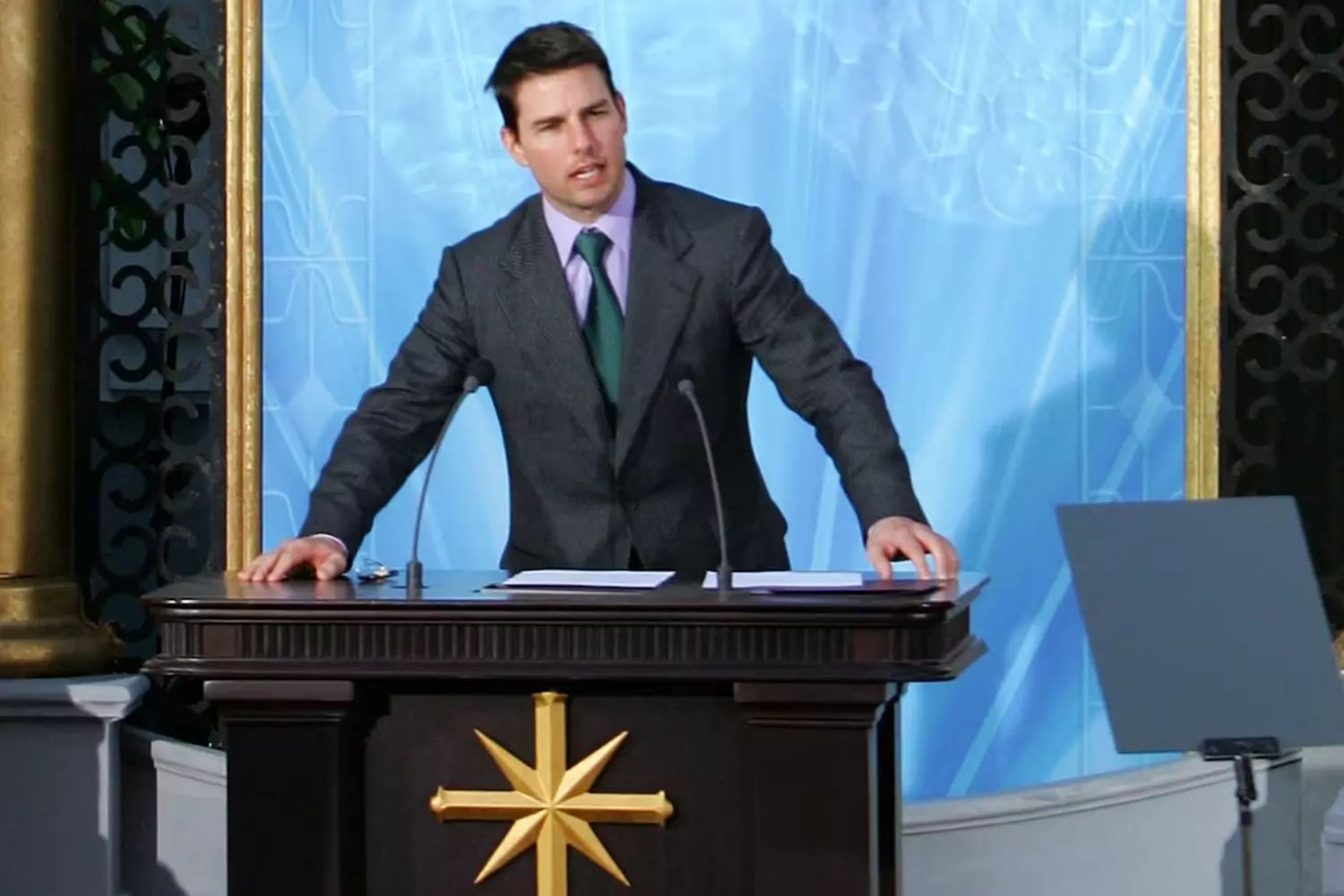 Actor Tom Cruise delivering a speech to Scientologists during a Church of Scientology gathering Tom Cruise speaking at a Scientology event
