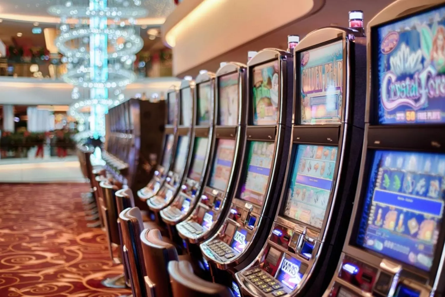 Casino slot machines with vibrant lights Row of colorful slot machines inside a casino with bright lights