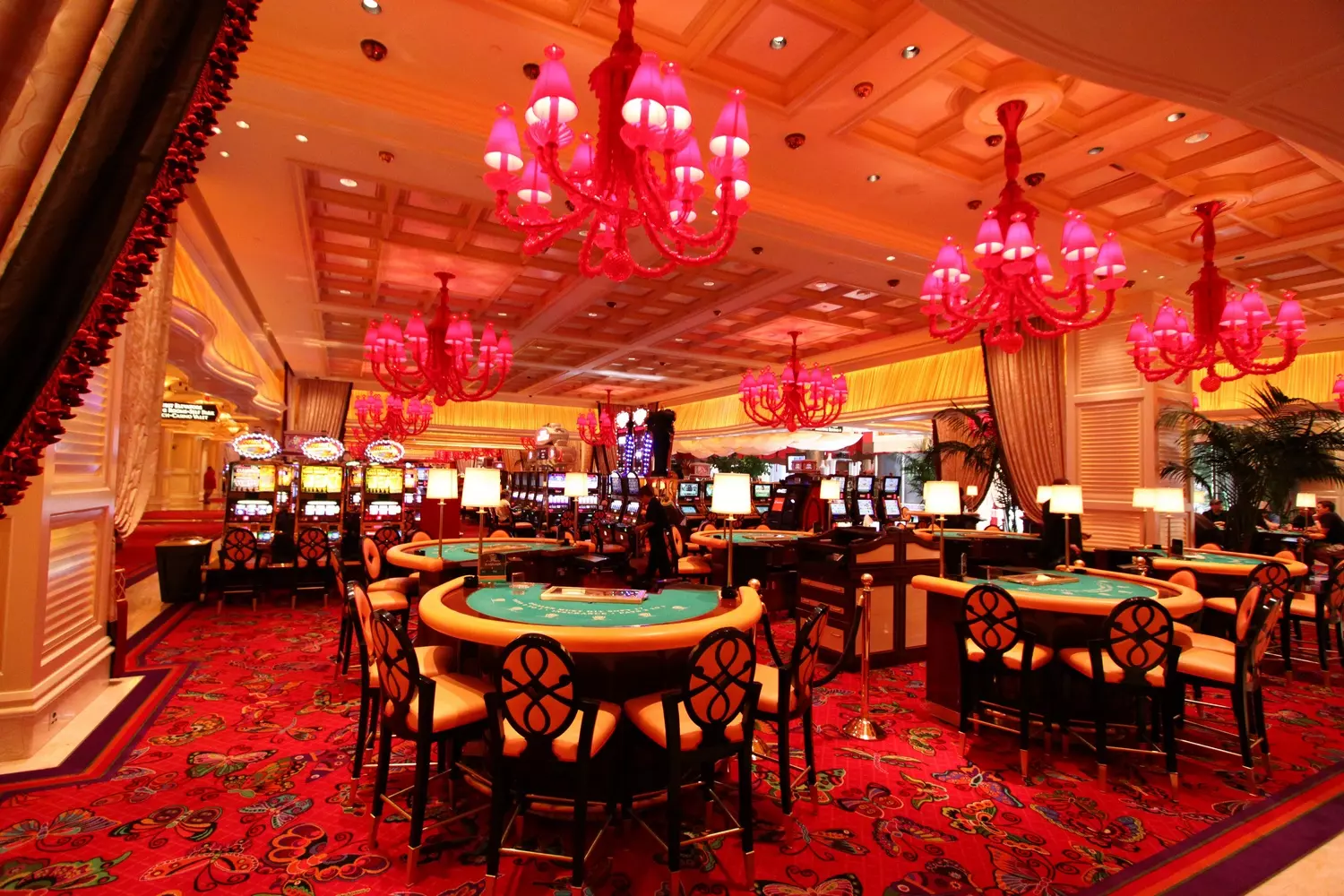 Casino gaming tables with chips and cards Casino gaming tables with chips and cards ready for players