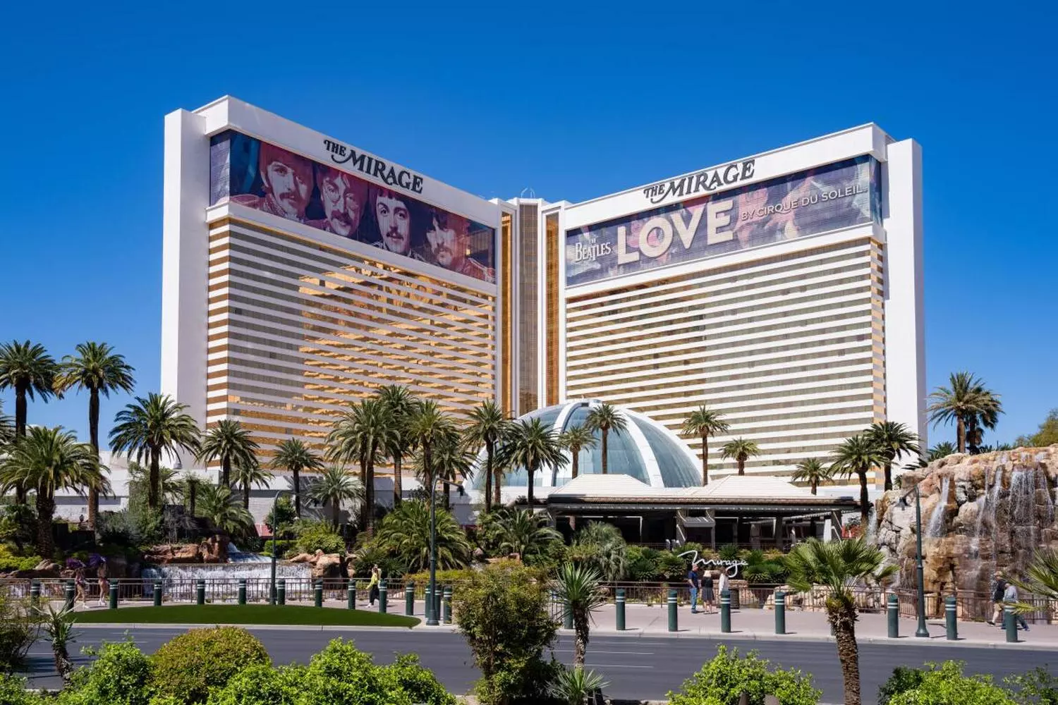 The Mirage Casino and Hotel in Las Vegas The Mirage Hotel and Casino in Las Vegas with its tropical-themed exterior and volcano