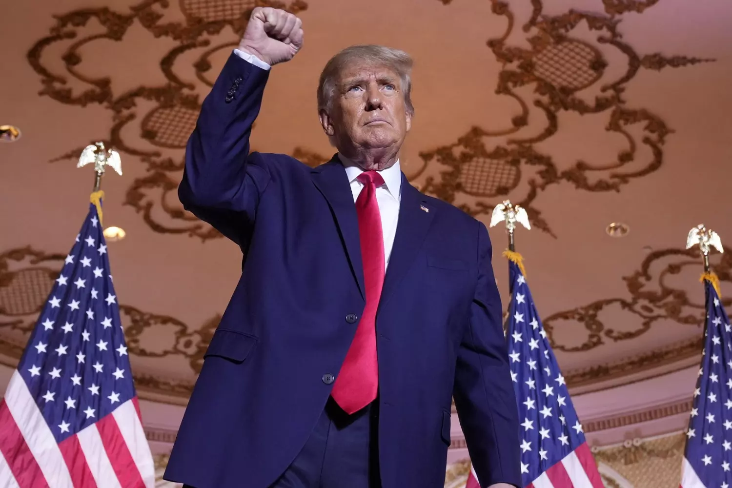 Donald Trump gesturing against a backdrop of American flags Donald Trump gesturing against a backdrop of American flags