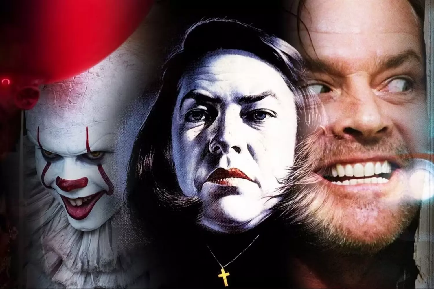 Stephen King's Cinematic Nightmares: Iconic Movie Frames Collage of famous film scenes adapted from Stephen King's novels, including The Shining, IT, and Misery, showcasing his impact on horror cinema