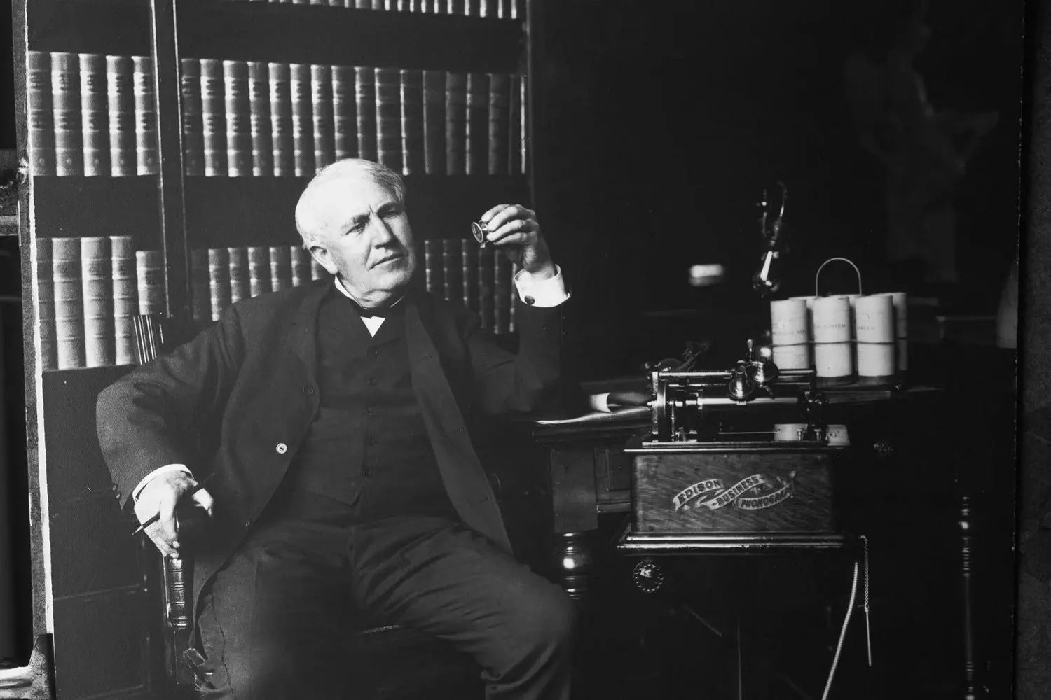 Thomas Edison in his laboratory — the great inventor Thomas Edison in his laboratory with inventions