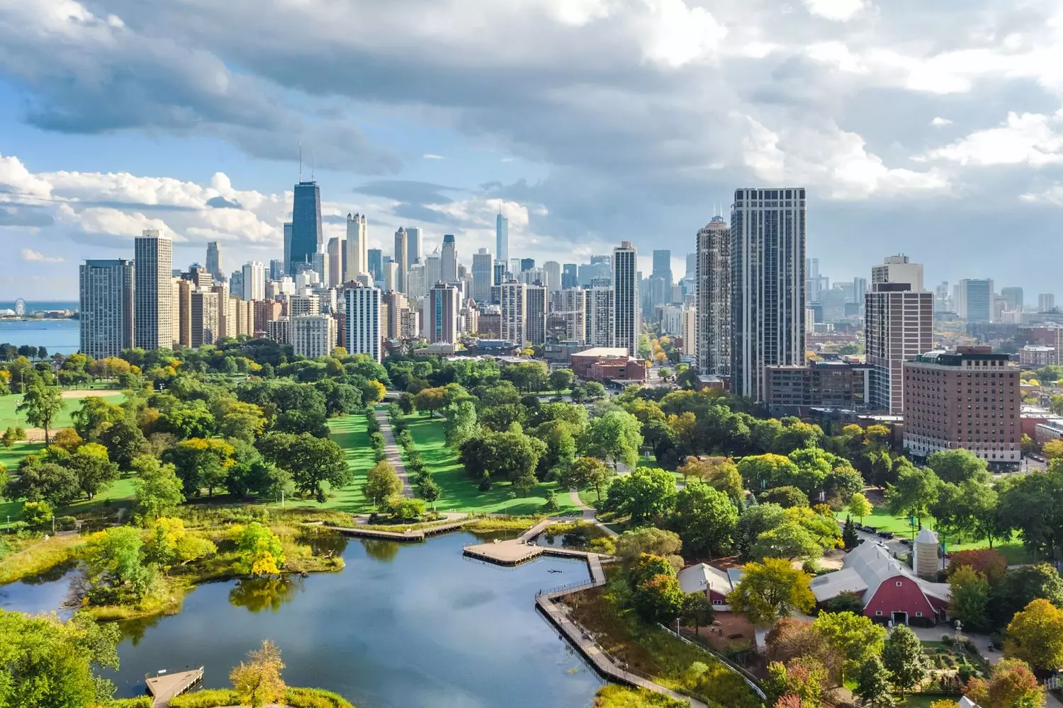 Chicago Skyline Aerial View — Cityscape from Above Aerial view of Chicago city skyline with skyscrapers and Lake Michigan in the background