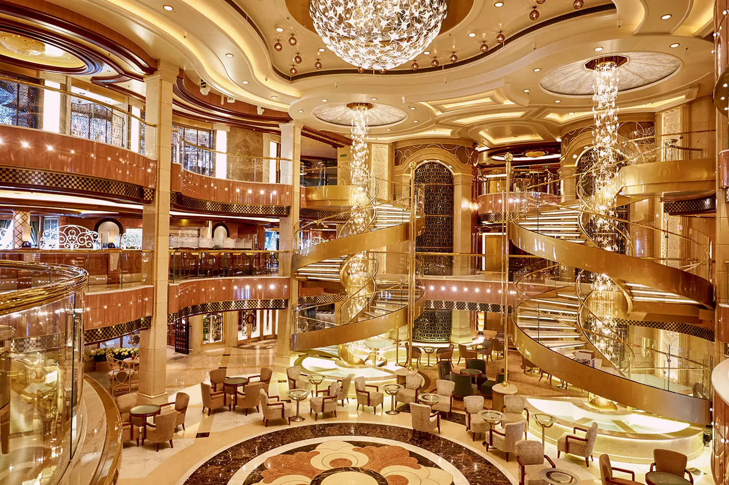 Elegant Cruise Ship Lobby — Where Comfort Meets Style Luxurious interior hall of a cruise ship