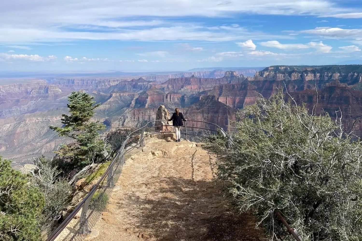 Grand Canyon Majesty: A View That Steals Your Breath Panoramic view from Grand Canyon overlook showing layered red rock formations and deep valleys under a clear blue sky