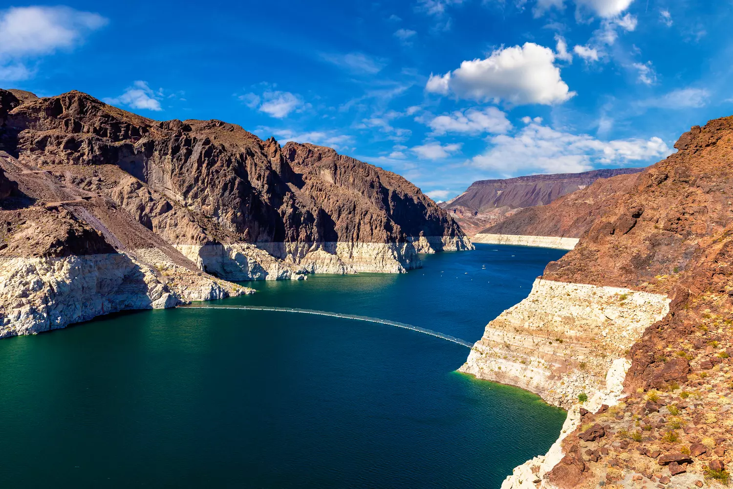 Lake Mead in Nevada — the largest reservoir in the United States Panoramic view of Lake Mead with blue water and surrounding desert hills