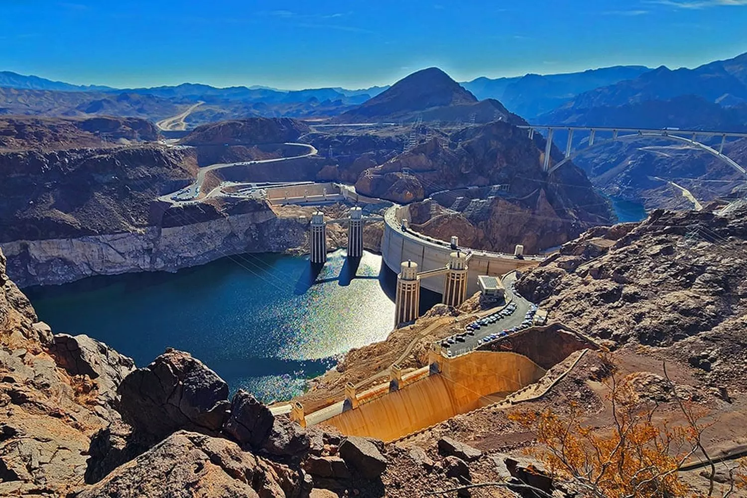 Scenic aerial photo of Lake Mead marina in Nevada Aerial view of Lake Mead marina surrounded by deep blue water and desert cliffs