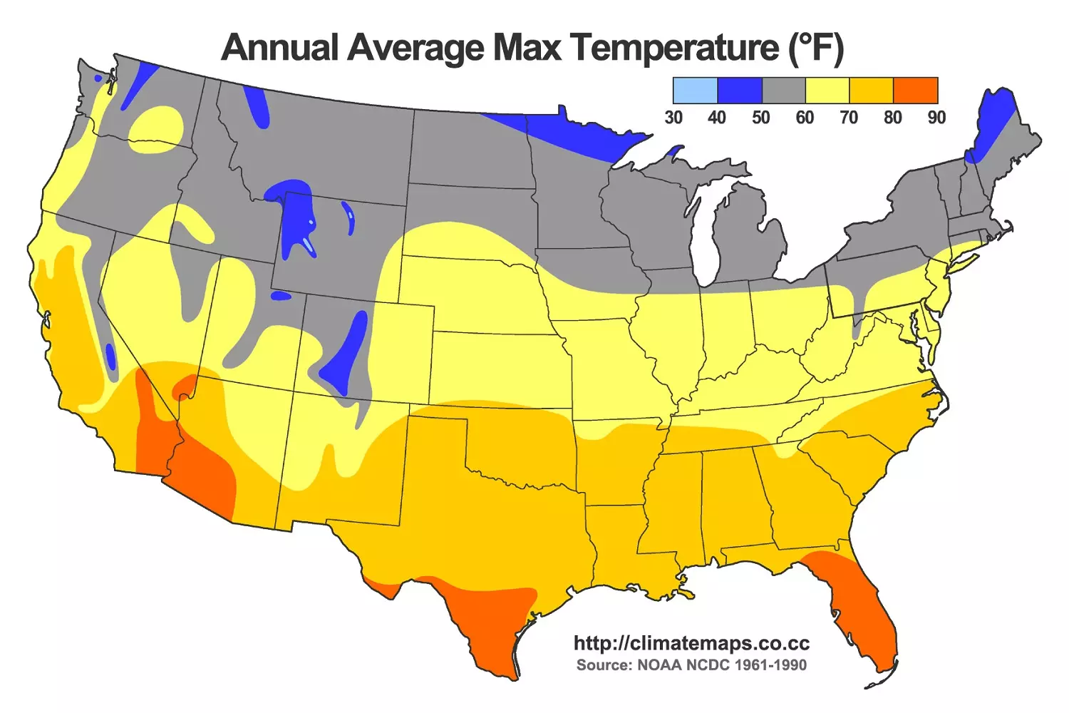 Map of the USA with average temperatures of different zones Map of the USA with average temperatures of different zones